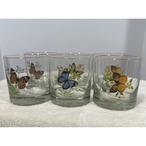 Vintage 6 West Virginia Glass Company Butterfly Gold Rim Drinking Glasses 3"